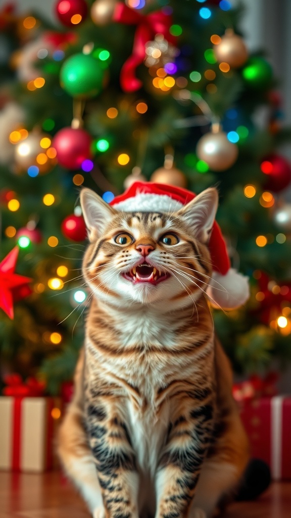 A festive cat in a Santa hat in front of a Christmas tree with colorful decorations.